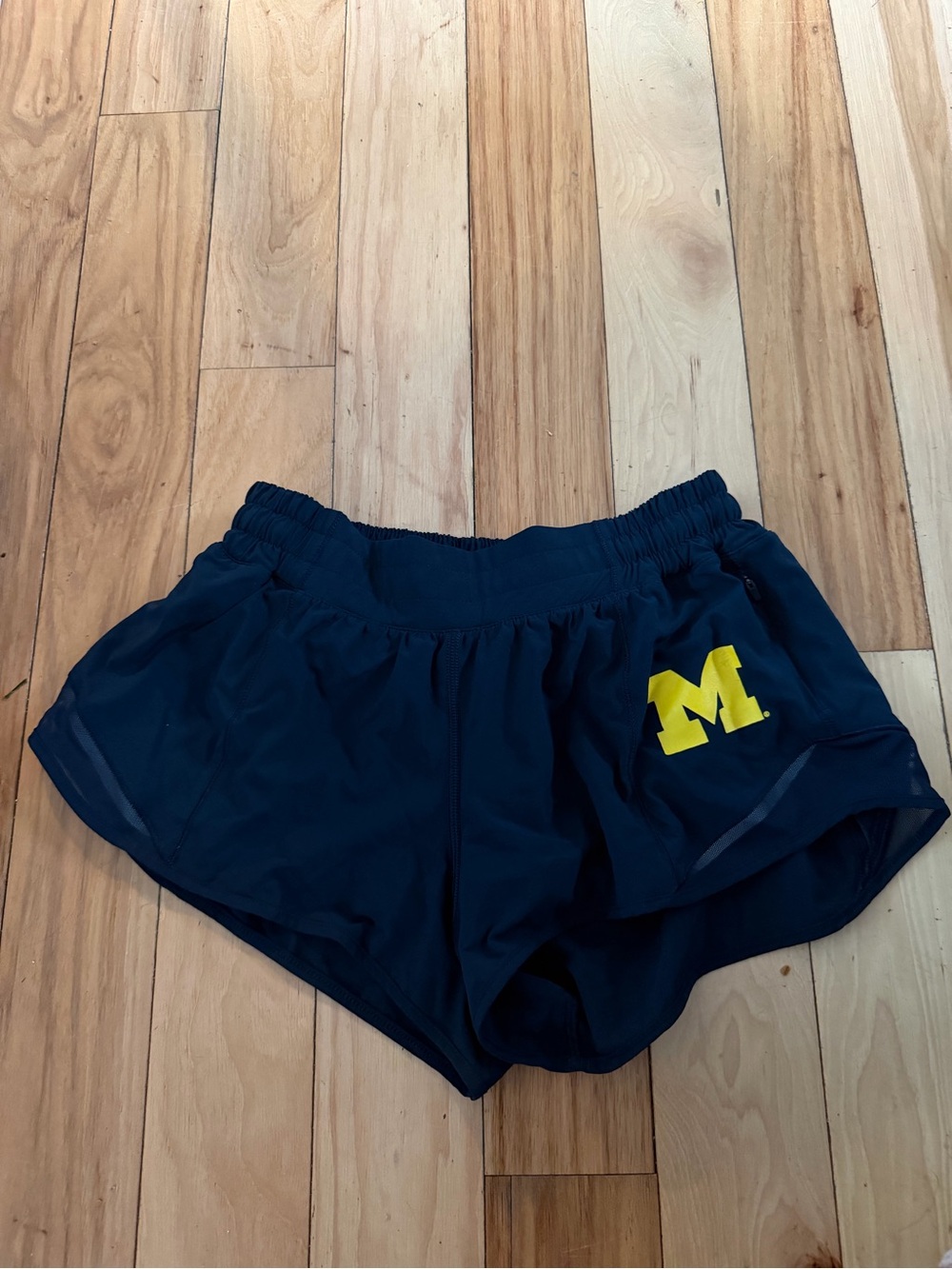 University of Michigan Lululemon Navy Running Shorts with Yellow Block M